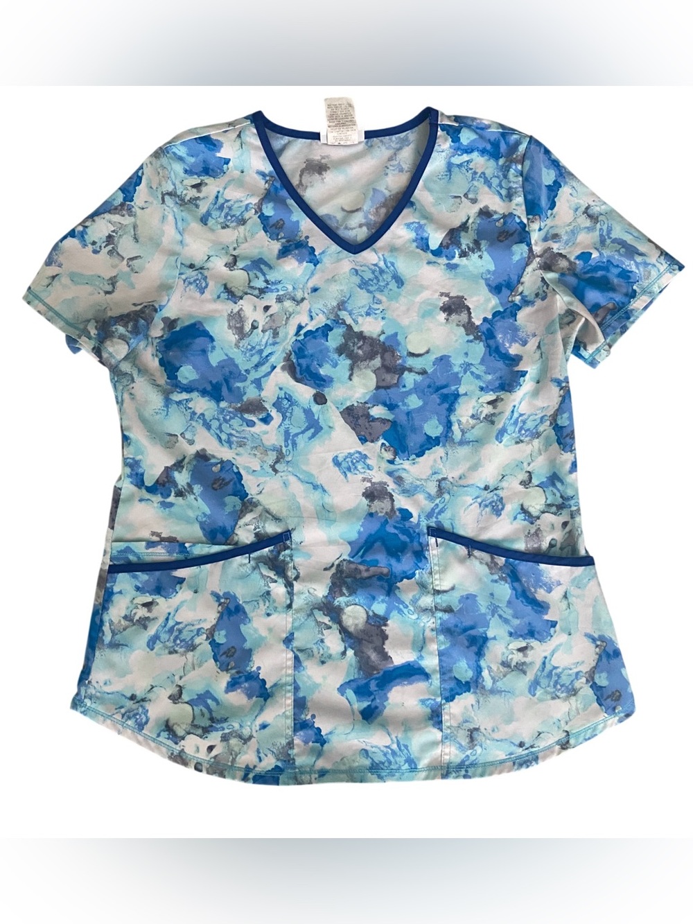 Scrubstar Blue & White Watercolor Print V-Neck Scrub Top Size S